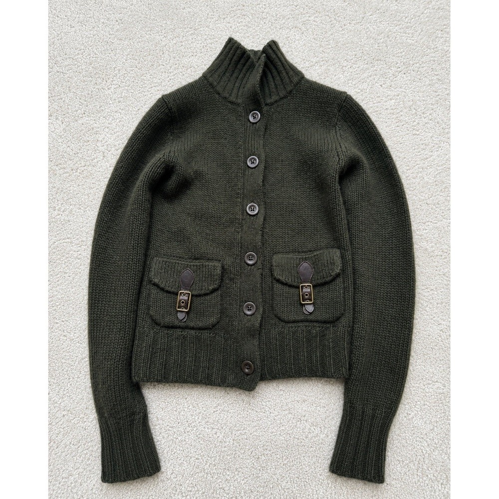 Ralph Lauren Cashmere Wool Chunky Knit Military Sweater Jacket Olive Green S